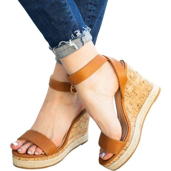 Last OneLiyuandia Women  Espadrille Cork Platform Wedge Sandal Ankle Strap Brown - Picture 4 of 5